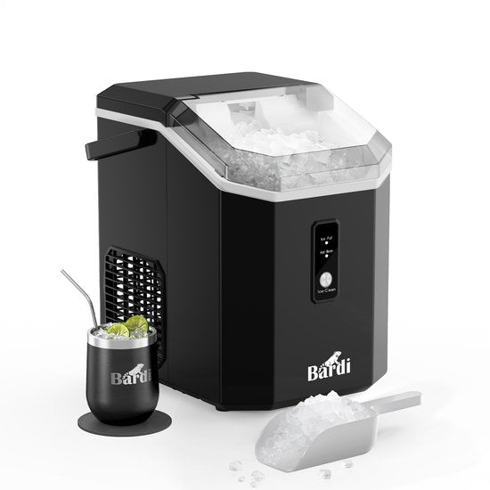 Bardi 1,1 L - Machine à glaçons « Nugget Ice Machine Square » - Machine à glace pilée avec cuillère à glace - 15 kg/24 heures - Machine à glaçons - Avec gobelet isotherme de luxe - Noir