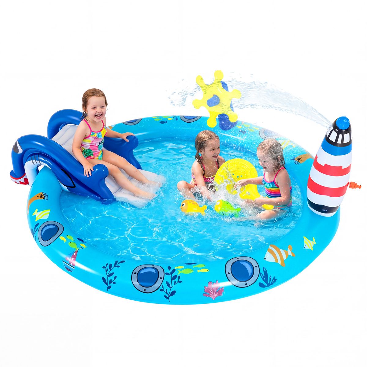 Piscine gonflable pour enfants Coast - Espace de jeux aquatiques sur le thème de la mer - Toboggan en forme de requin et jet d'eau - Multicolore 188 x 153 x 63 cm