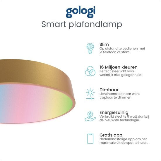 Gologi Smart Ceiling Lamp - Plafonniers - LED RGB - Plafonnier - Industriel - Chambre et salon - Ø 30cm - Or