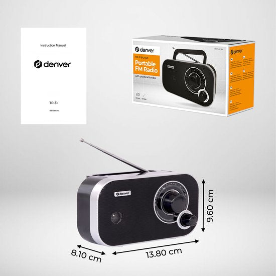 Radio Retro FM - Denver - Fonctionne sur batterie ou sur secteur - Radio portable - TR51 - Noir