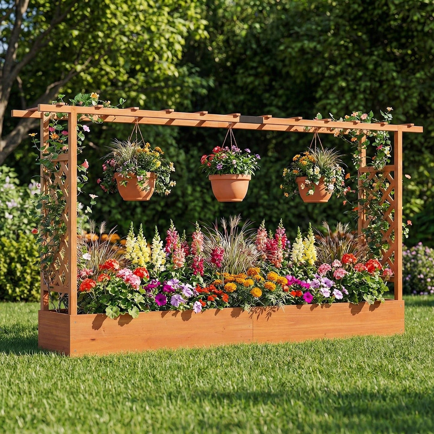Jardinière surélevée en bois Coast avec pergola - Orange - 220 x 35 x 114 cm