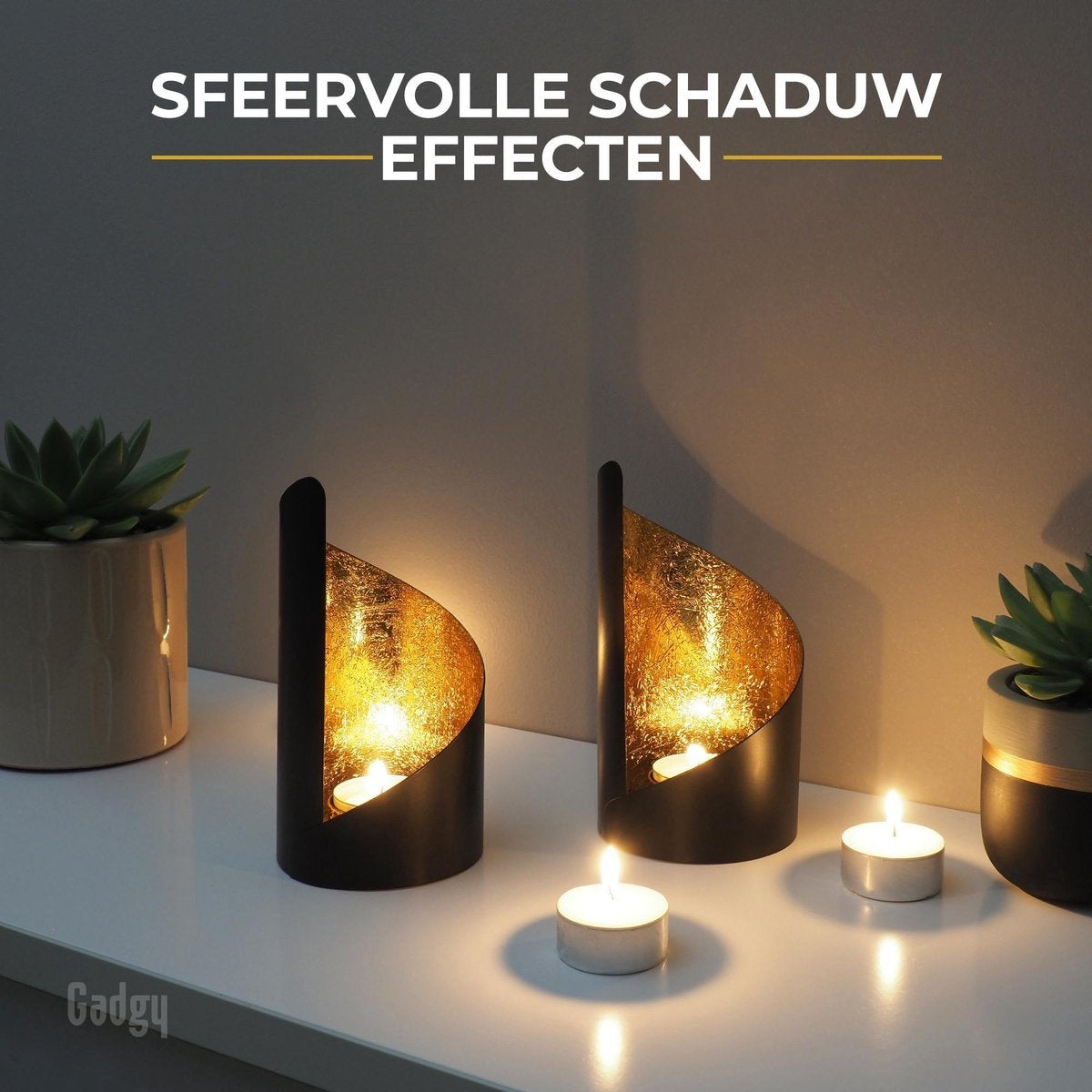 Gadgy Porte-lampes Twist - Lot de 2 - 16 x Ø8,5 cm - Porte-lampes - lampe à vent - noir / or - métal