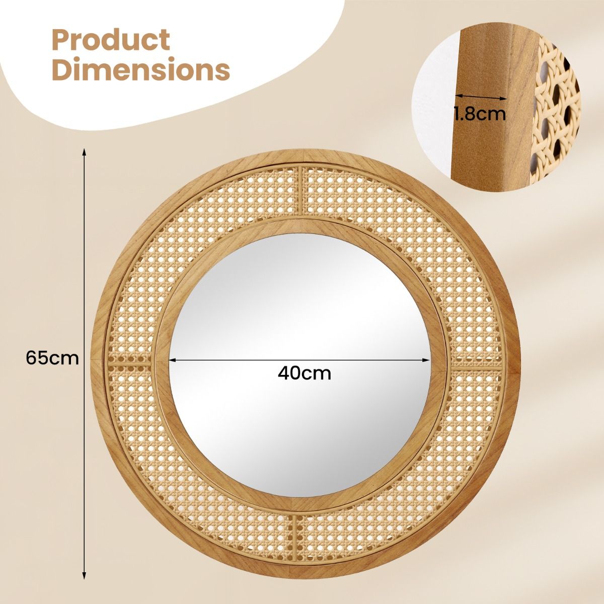 Miroir mural rond Coast - Décoration en rotin - Cadre en bois - 65 cm Naturel