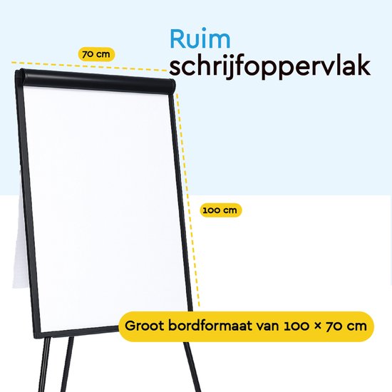 BRASQ Flipchart - 70x100 cm - Tableau blanc ajustable - Comprend 25 feuilles de papier, 4 marqueurs, 8 aimants, une gomme - Tableau magnétique avec crochets - Tableau magnétique - Noir