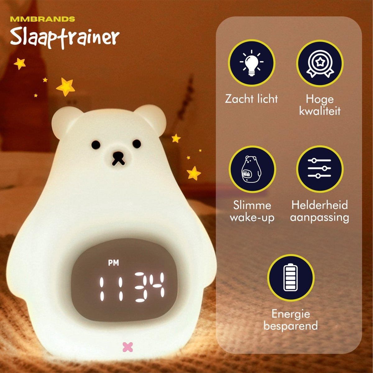 MM Brands Sleep Trainer - Réveil pour enfants - Veilleuse - Heure et température - 7 couleurs de lumière - Ours