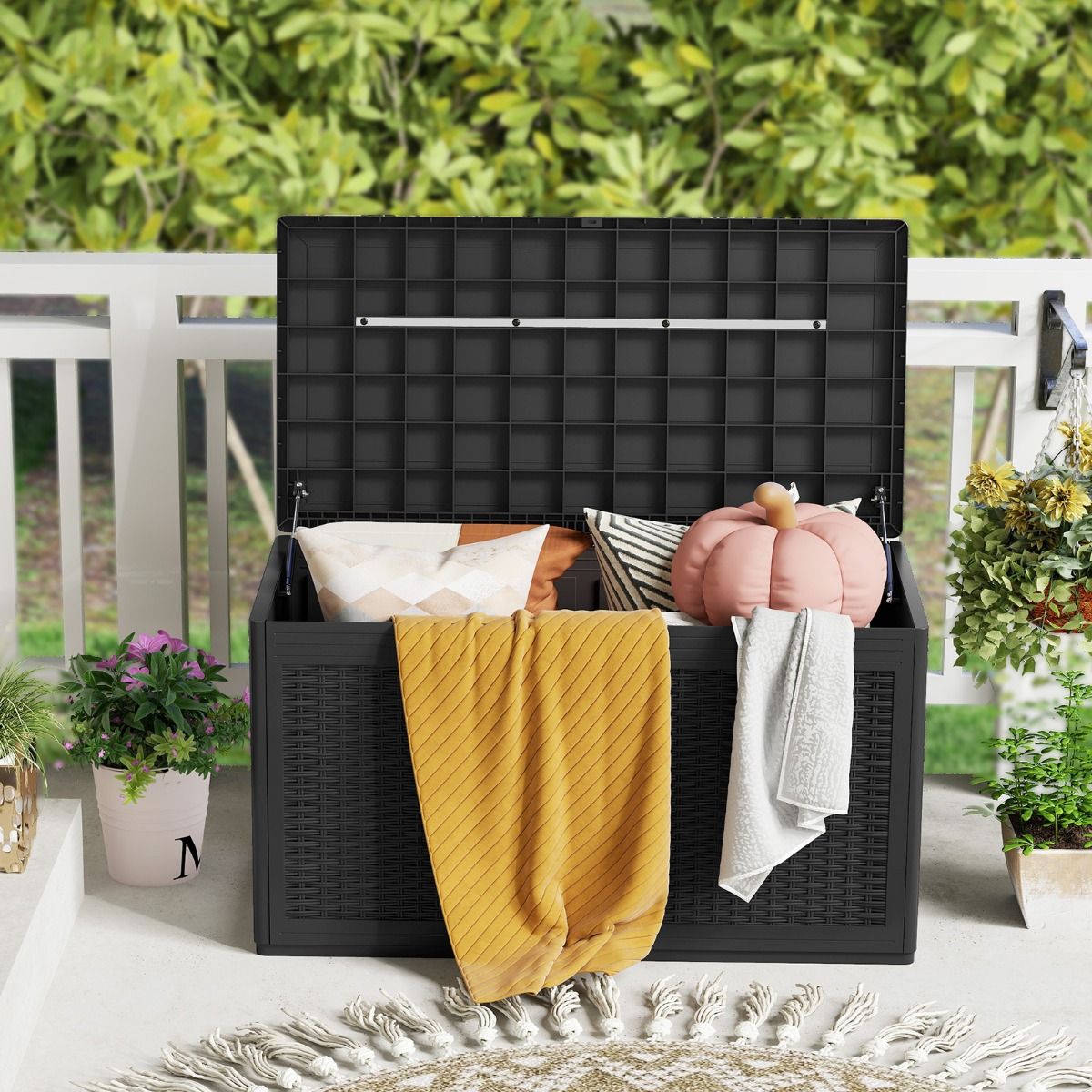Coast Coffre de jardin à roulettes - coffre de rangement étanche - banc - noir - 380 litres