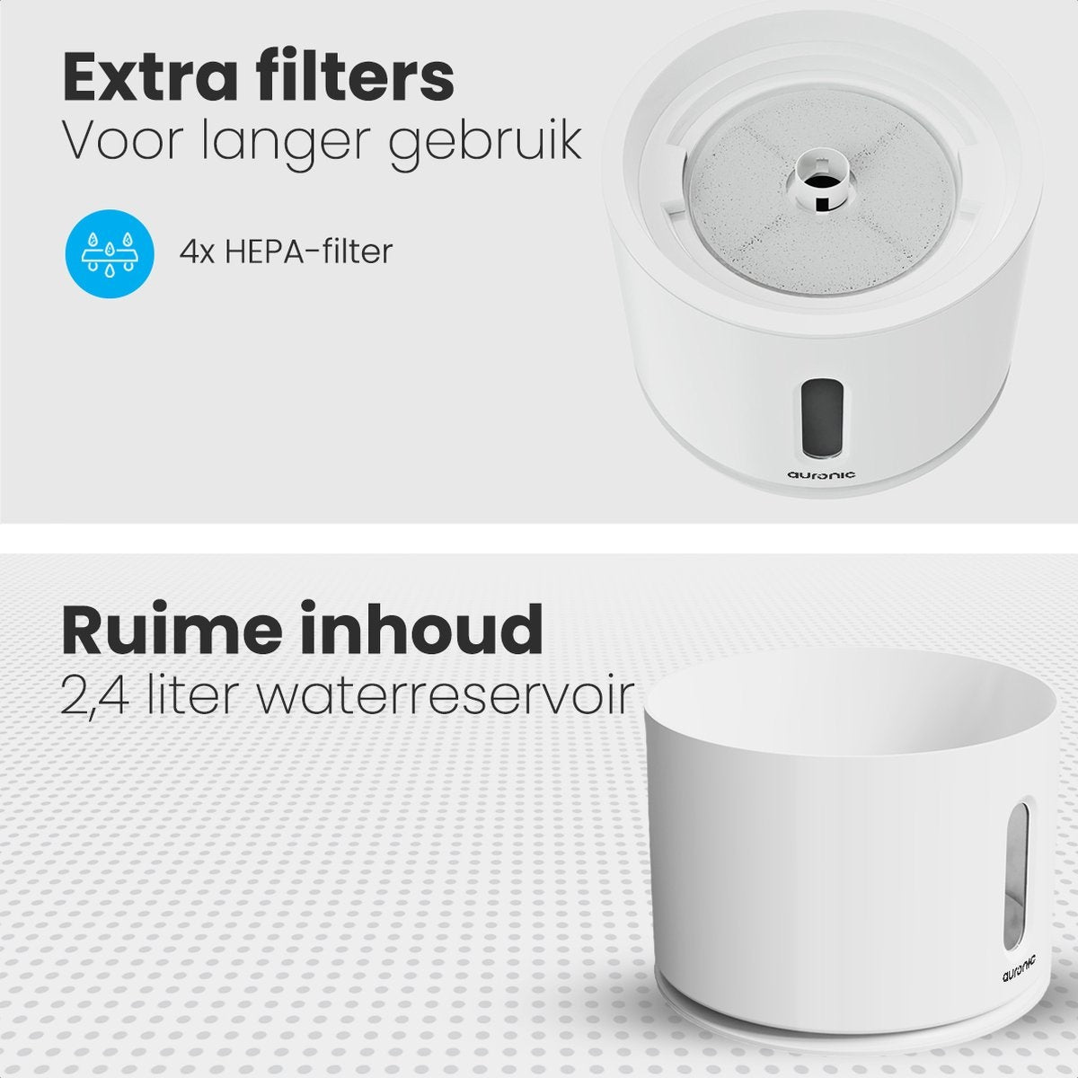 Abreuvoir Auronic - Fontaine à eau pour chats et chiens - 2.4L - Abreuvoir pour animaux - 4 filtres et 2 brosses inclus - Blanc