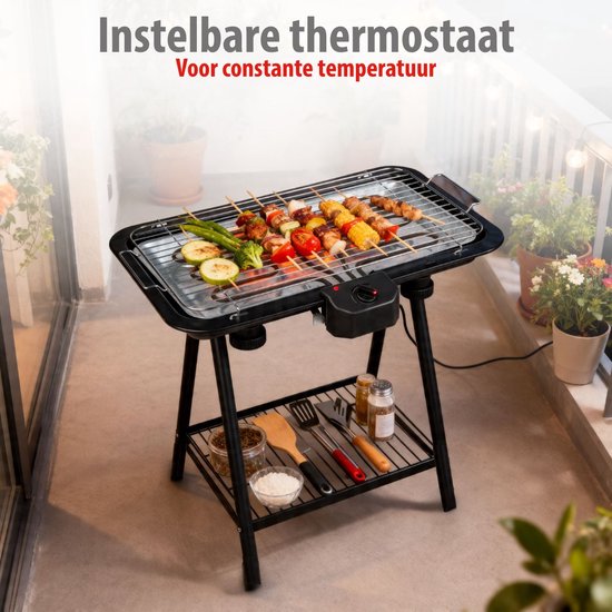 Barbecue électrique Alpina 2-en-1 2200 W - Barbecue électrique de table avec thermostat - Gril électrique avec fonction de maintien au chaud - Gril électrique de table avec grille réglable - 51 x 30 cm - Noir