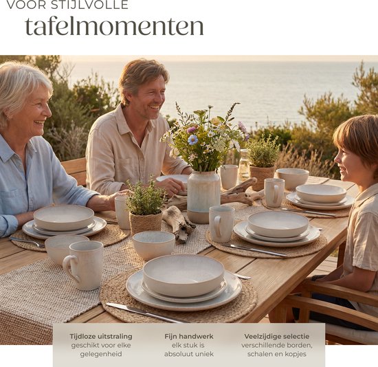 tectake® Service de table Mare - 30 pièces - Faïence à émail brillant - Pour 6 personnes - Service de table fait main - Service de table moderne comprenant des grandes et petites assiettes, des bols, des petits plats et des tasses - Lavable au lave-vaisse