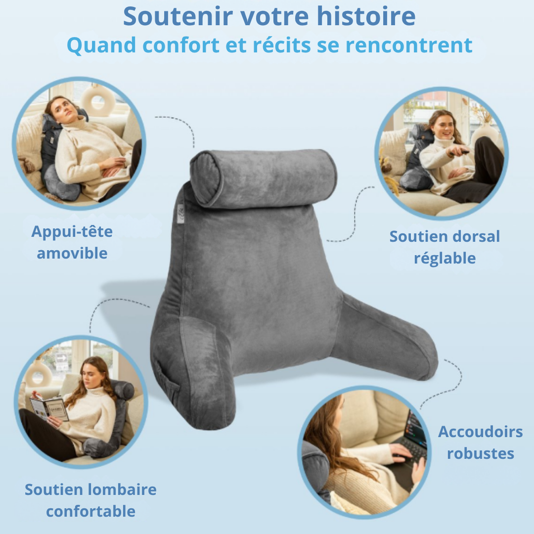 Coussin de lecture Ella® - Avec appui tête - Housse en velours - 50x60x40 cm - Anthracite