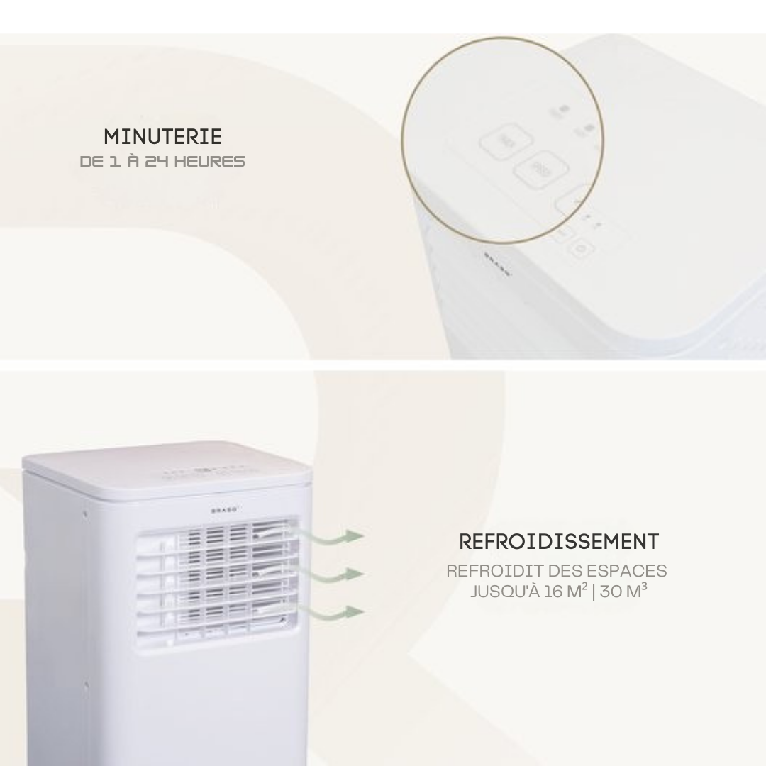 BRASQ 3-in-1 Climatiseur mobile avec kit d'étanchéité de fenêtre - Avec télécommande - Convient pour Chambre à coucher - Salon - Bureau - Climatiseur jusqu'à 16m2 - 9000 BTU - Blanc