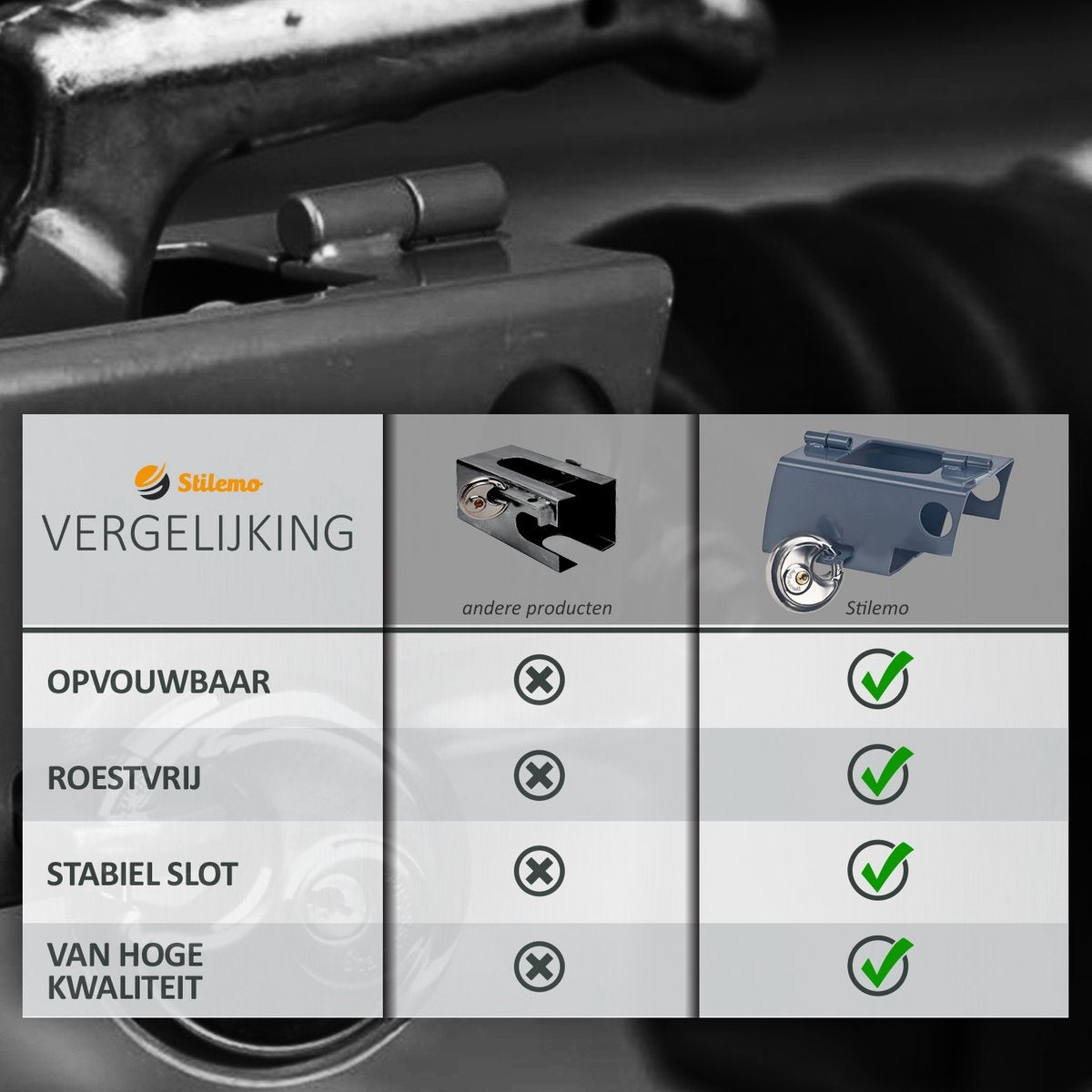 Stilemo Aanhangerslot - Disselslot Incl. Slot en Beschermkap - Roestvrij Staal - Tegen diefstal voor Trailer / Caravan / Aanhangwagen / Aanhanger - Zwart