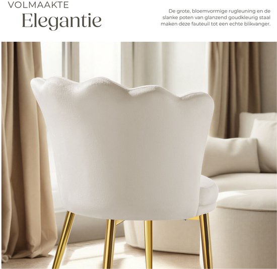 tectake® Fauteuil Stella - Fauteuil baquet avec accoudoirs – Chaise de salle à manger confortable – Chaise de cuisine – Rembourrage épais – Pour le salon et la salle à manger – Avec revêtement en velours - crème/or