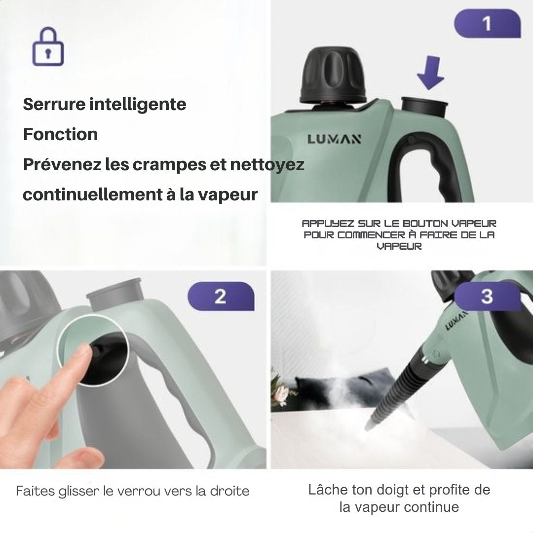 Nettoyeur vapeur portatif - Luman - 1050W - Réservoir 450 ml - Pression 0,26 à 0,32 MPa - Fonction vapeur continue - 16 accessoires - Vert