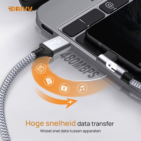 Câble Drivv. USB vers USB-C - À angle droit - Câble de données et de recharge USB-C - Recharge rapide - 3 mètres - Gris