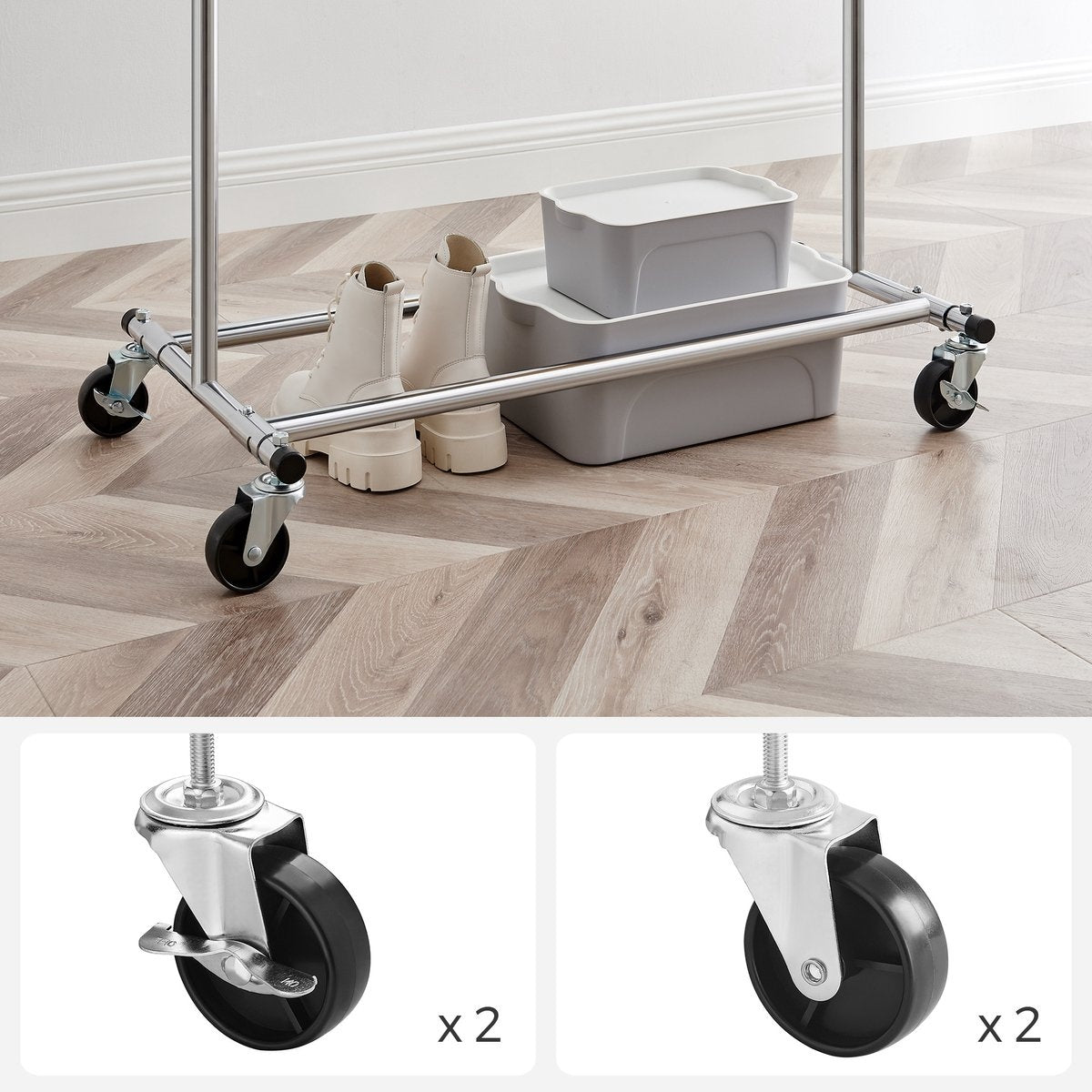 O'DADDY® Porte-manteau à roulettes - Porte-armoire - Porte-manteau ajustable - Porte-manteau extensible 92-132 cm - 90 kg chargeable - Métal - Argent