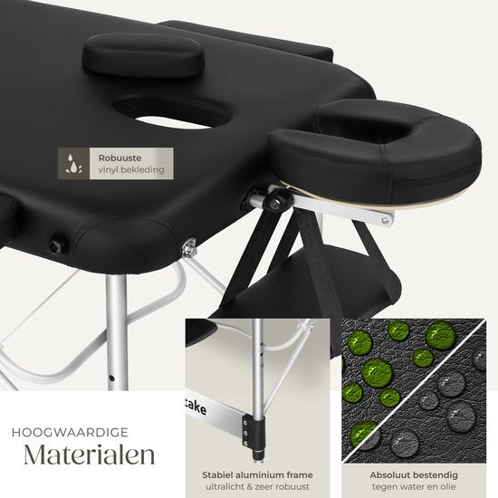 tectake® Table de massage à 3 zones - 70cm de large - Banc de traitement avec rembourrage de 5cm d'épaisseur et cadre en aluminium - 15 lingettes pour appui-tête et sac de transport inclus - Capacité de charge maximale de 230kg - Noir