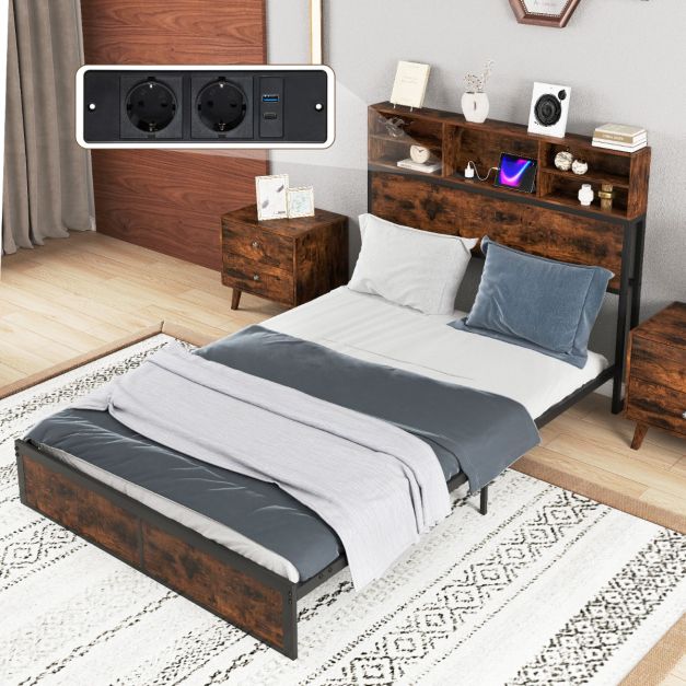 coast Cadre de lit double 200 x 140 cm - Cadre en métal avec chargeur - Rustic Brown - Avec tête de lit avec rangement