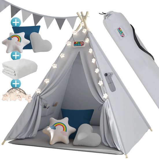 Spielwerk Tente de jeu - LED 3 coussins tendeurs 130x130x160cm - Gris