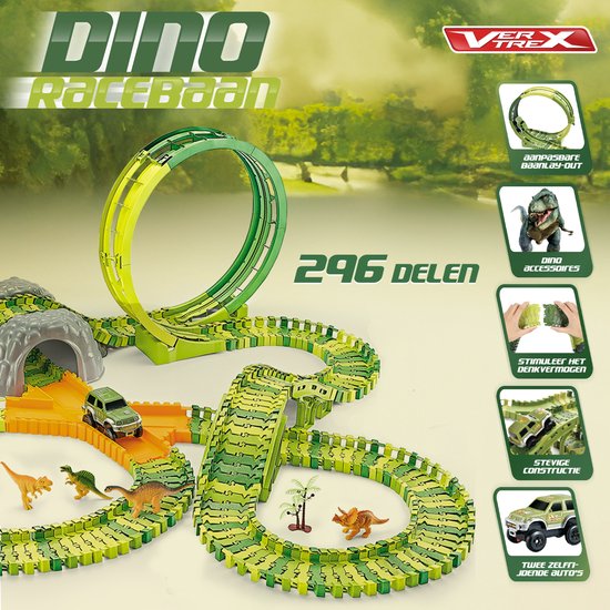 Vertrex 260 pièces Dinosaur Race Track XXL - Jouet Dino - Avec 2 voitures Safari autopilotées