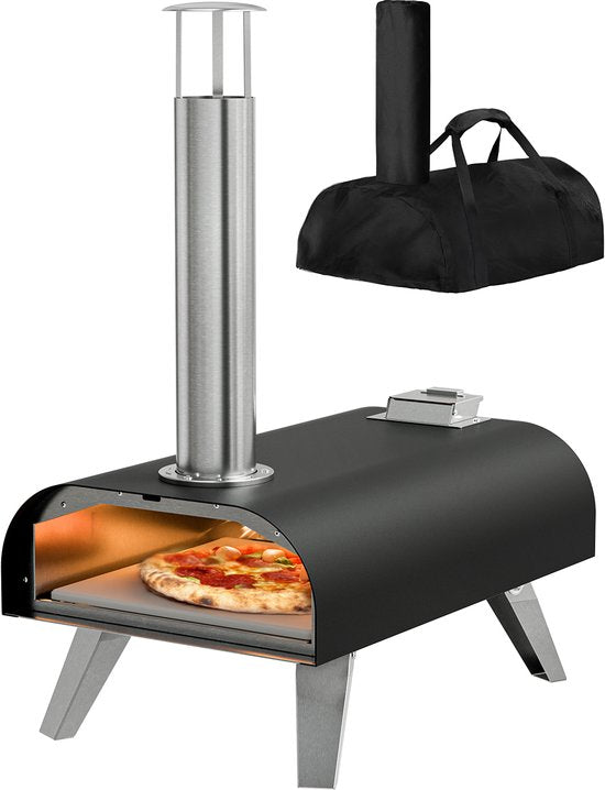 KitchenBrothers Four à Pizza - Au feu de bois - Table Top - Avec Couvercle Protecteur - Sans PFAS - Pliable - Pierre à Pizza - jusqu'à 460°C Pizza maker - Set complet - Four à Pizza pour l'extérieur - Noir/RVS