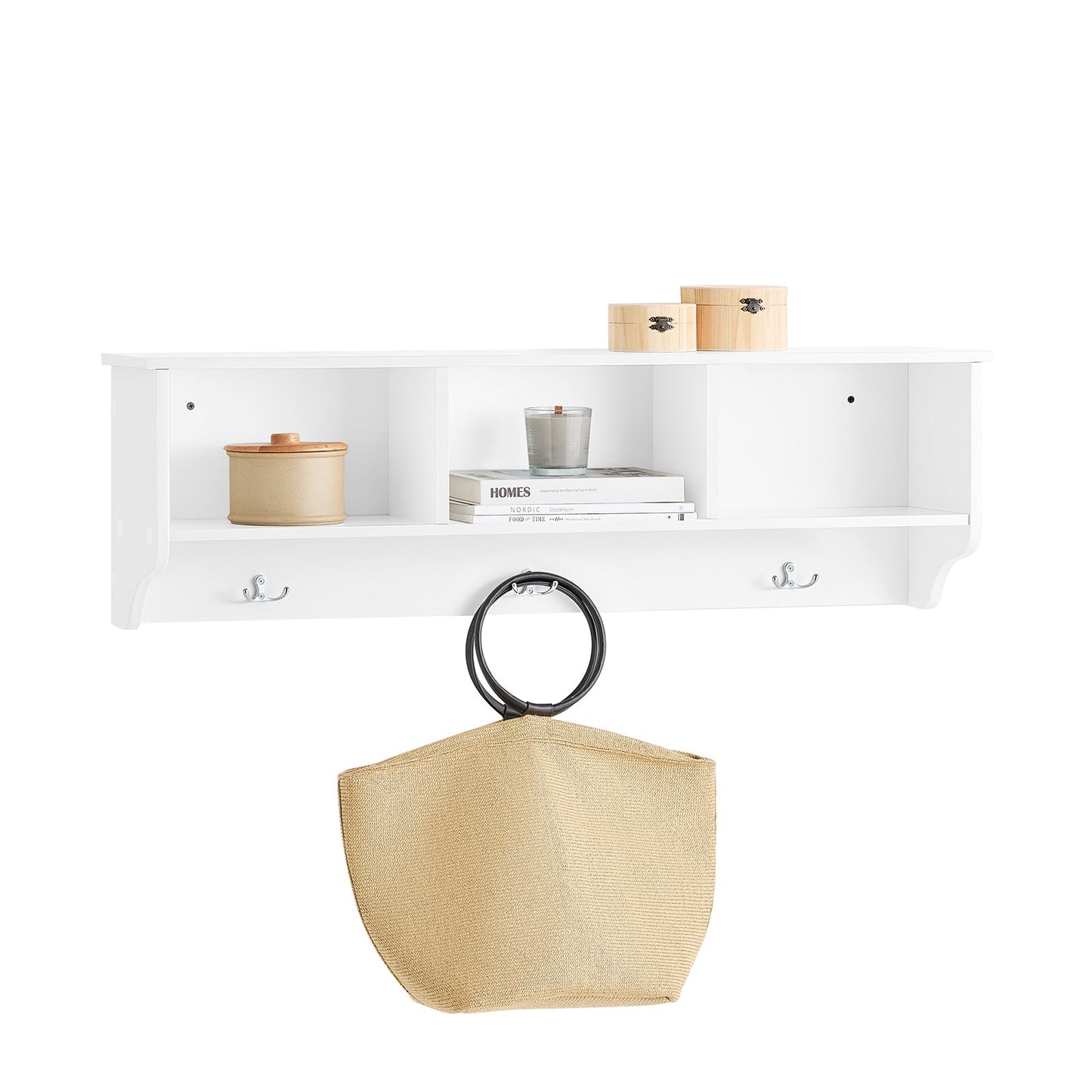 SoBuy Porte-manteaux mural - avec 3 compartiments et crochets - max 21 kg - 100 x 20 x 30 cm - blanc