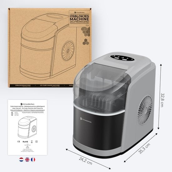 Machine à glaçons 1.6L avec pelle à glace KitchenBrothers 12kg/24h, acier inoxydable