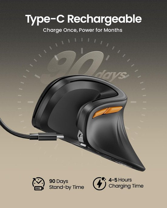 Souris verticale ergonomique – Souris ergonomique sans fil – Bluetooth et 2,4 GHz – Rechargeable via USB-C – Compatible avec 3 appareils – DPI réglable – Silencieuse – Noire (pour droitiers)