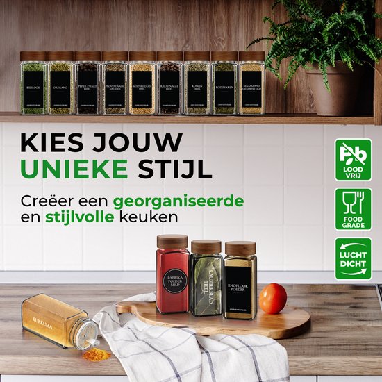 Soothe 24 pots à épices carrés en verre avec couvercle en acacia - 2 types de couvercles - Diffuseur d'épices - Pots à épices - Set complet avec autocollants pour épices, bâton de craie et accessoires - 120ml