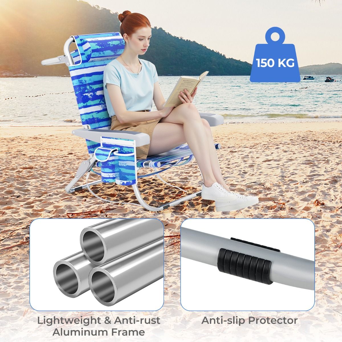 Chaise de plage pliable - Bleu marine - 5 positions d'inclinaison - 150 kg - Avec porte-gobelet et compartiments de rangement
