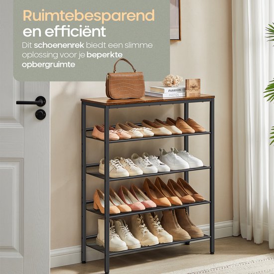 O'DADDY® Shoe Rack - 5 Layer - Shoe Storage System - Shoe Rack - Shoe Cabinet - Shoe Cabinet - Industrial Design - Brown Wood - Black Metal