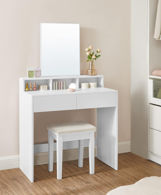 Table de coiffure VASAGLE avec miroir – 2 tiroirs et 3 compartiments – Blanche – 40 x 80 x 140 cm