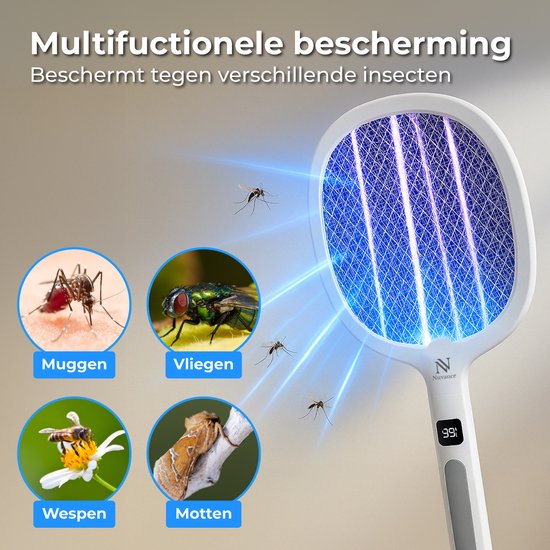 Nuvance Electric Fly Swatter - Usb Rechargeable - Mosquito lamp - with Display - Mosquito plug - Fly trap - Fly lamp - White