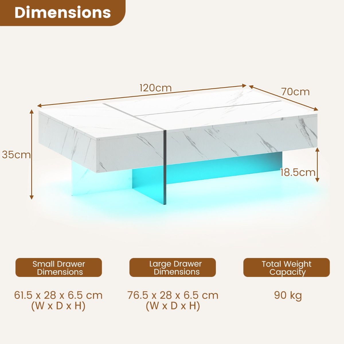 Table basse Coast avec éclairage LED - 3 tiroirs de rangement - finition brillante - blanche - 120 x 70 x 35 cm