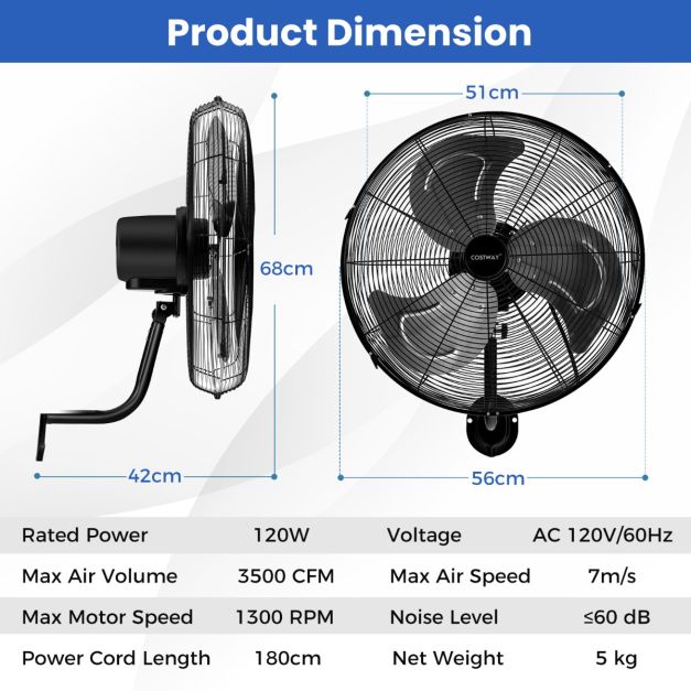 Coast Fan - Ø56 cm - Oscillant - 1300 RPM - 3 niveaux - 56 x 42 x 68 cm - Noir