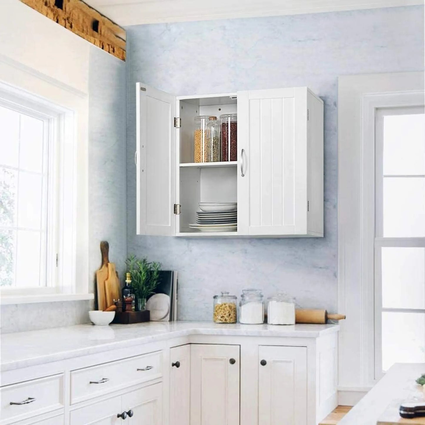Yaheetech Meuble mural avec 2 portes - avec étagères réglables en hauteur, ferrures métalliques et surface lisse - pour salle de bains, cuisine et chambre - MDF blanc E1 - 59,5 x 31 x 59,5 cm