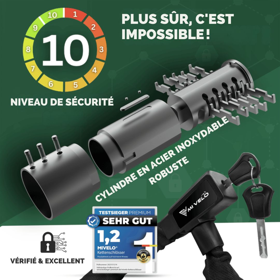 Cadenas de chaîne pour vélo - MIVELO - 100 cm de long et 8 mm d'épaisseur - Acier noir et trempé - Verrouillage à clé sécurisé - Pour E-bike et Scooter - noir