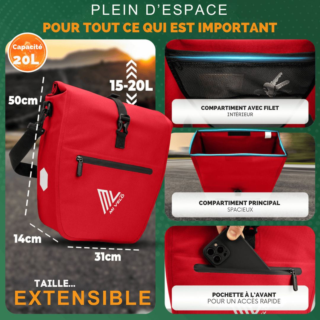 Sacoche pour vélo MIVELO- Imperméable et avec bandoulière - 20 litres - 50 x 31 x 14 cm - Rouge