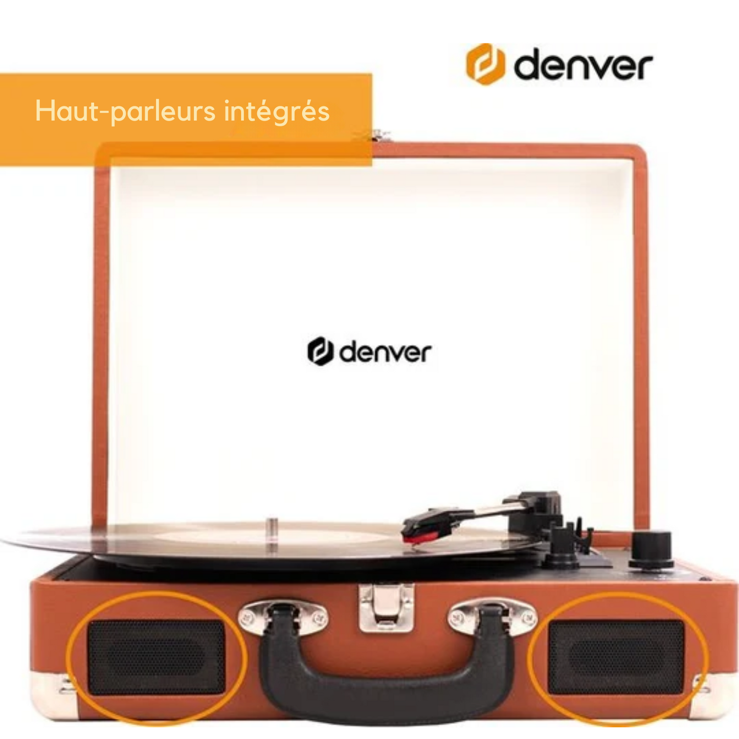 Platine vinyle rétro - Denver VPL120 - Haut-parleurs intégrés - Numérisation USB - 3 vitesses - Mallette portable - Marron