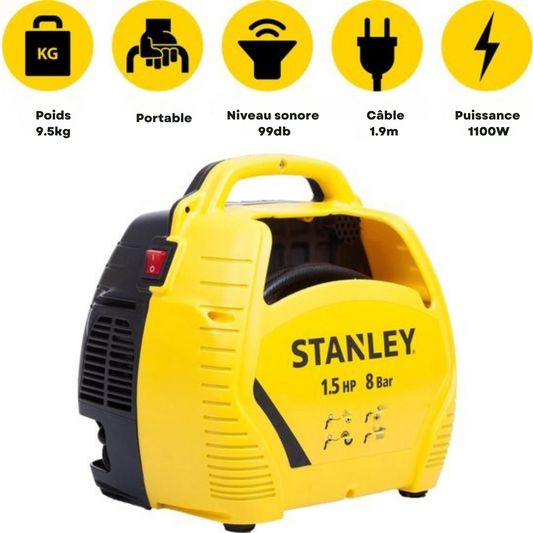 Compresseur à Air 8Bar – Stanley – sans huile avec outils pneumatiques – Kit de compresseur et tuyau d’air inclus - jaune