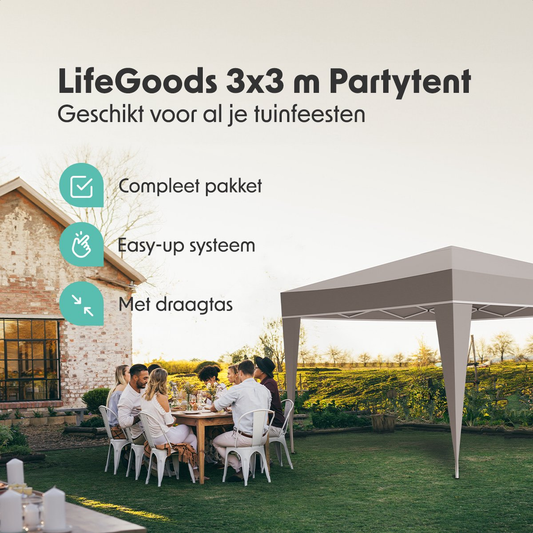 LifeGoods Party Tent - Pavillon - EasyUp - Pliable - Imperméable - Avec sac de transport - 300 x 300 cm - Beige