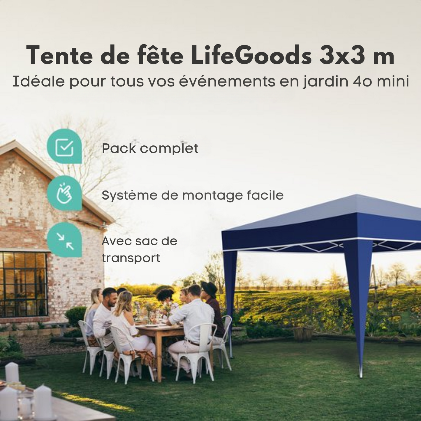 Tonnelle de jardin - LifeGoods - 3x3 m - Pavillon - Pliable - Imperméable - Avec sac de transport - Bleu