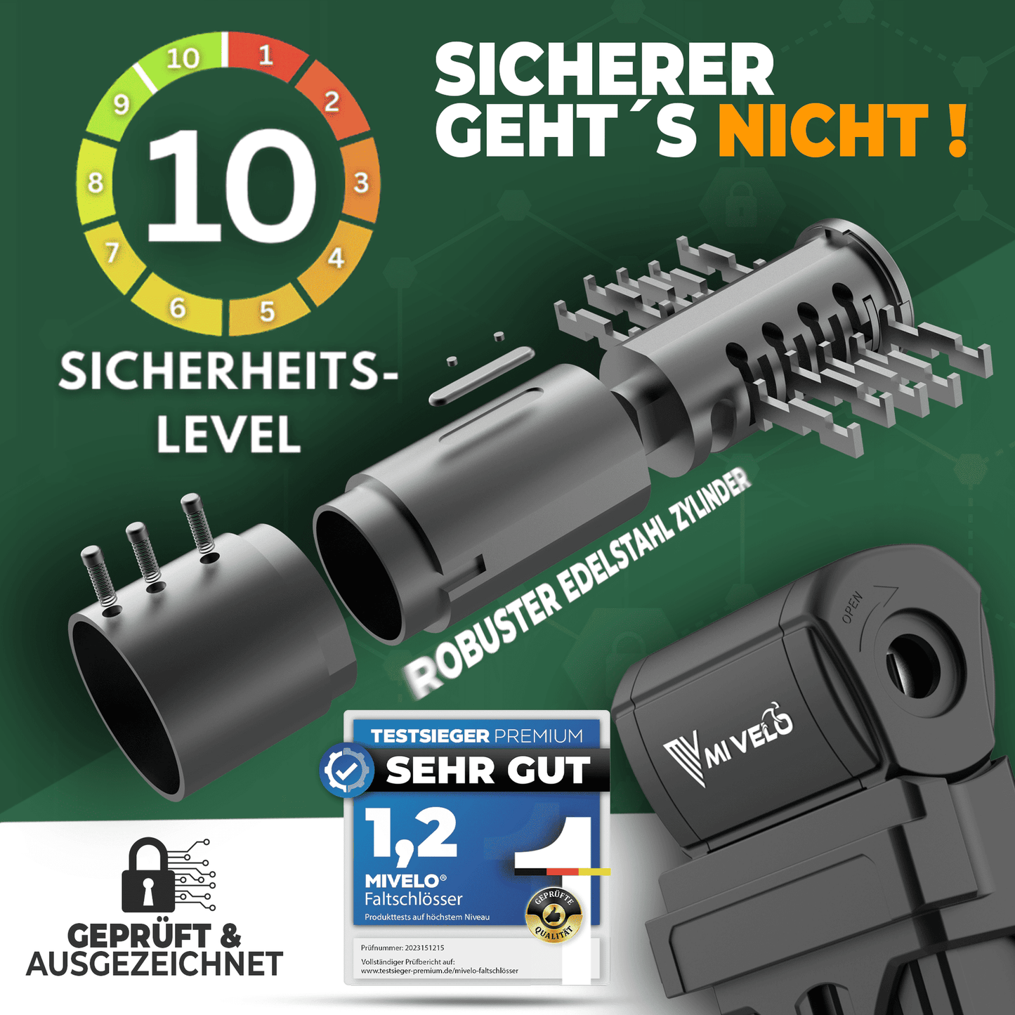 MIVELO - Cadenas robuste pour vélo avec clé - 120 cm de long - Niveau de sécurité 10/10 - Acier au carbone trempé - Noir