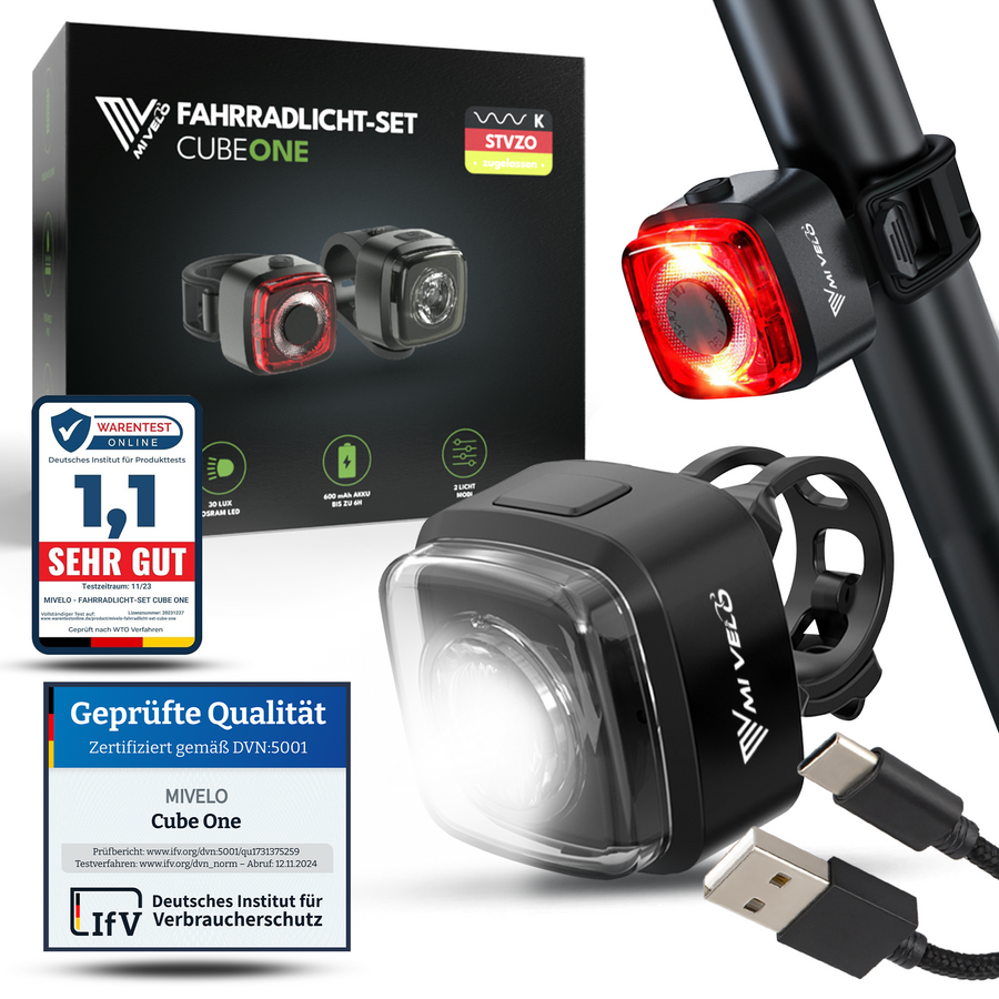 MIVELO Kit d'éclairage pour vélo Cube One LED - rechargeable par USB - approuvé par StVZO
