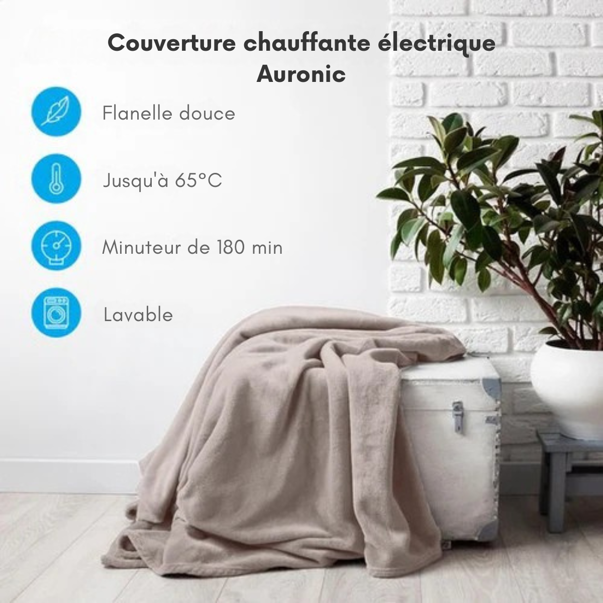Couverture chauffante électrique - Auronic - 1 personne - 3 niveaux de chaleur - avec minuterie - 160 x 120cm - Beige