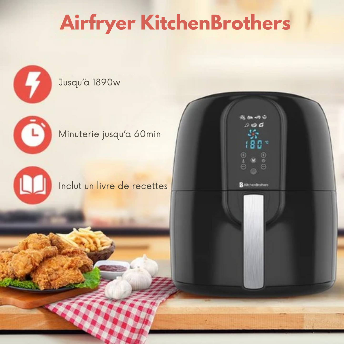 Airfryer - KitchenBrothers - Friteuse à hair chaud - 7,2 L -1890 W - Friteuse sans huile - 7 programmes de cuisson - noir - + un livre de recettes