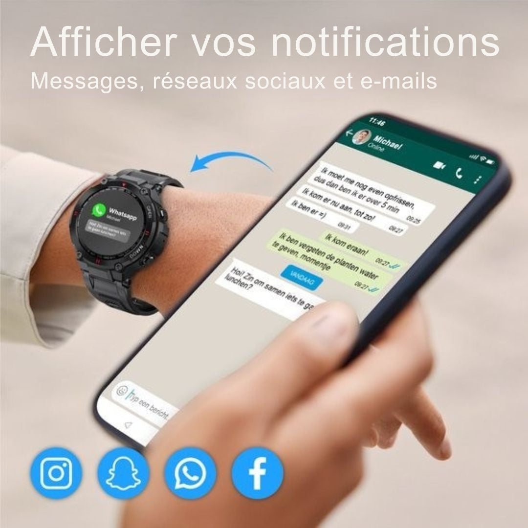Montre connectée K22 - Nuvance - 45mm - Ecran tactile - Etanche IP67 - Hommes, femmes et enfants - iOS & Android - Noir