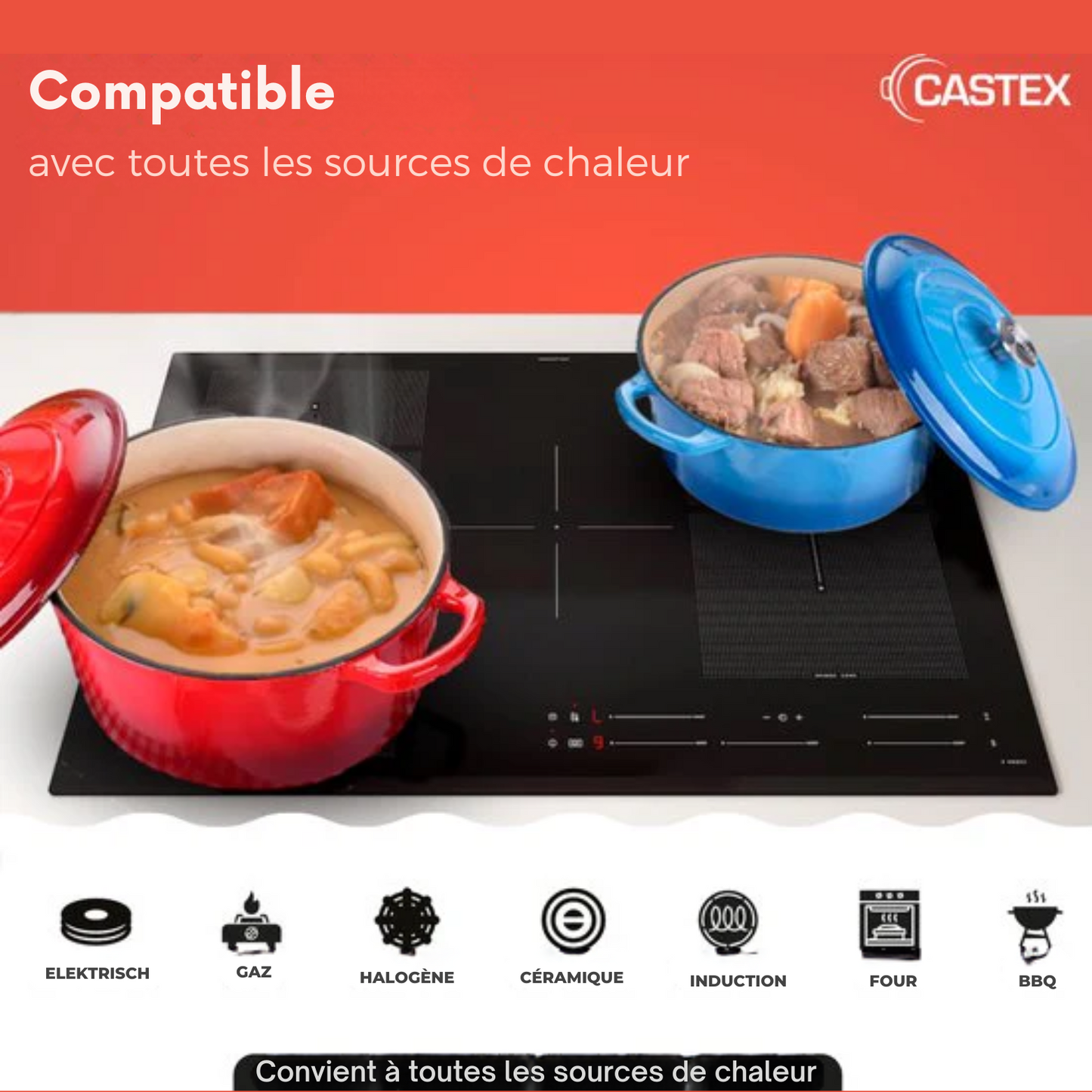 Cocotte - Castex - Casserole en fonte - Compatible toutes sources de chaleur - 6.4L - Rouge