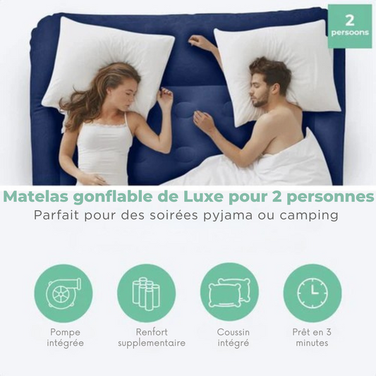 Matelas gonflable – LifeGoods – 2 personnes – pompe intégrée – sac de transport et kit de réparation inclus – blanc/bleu