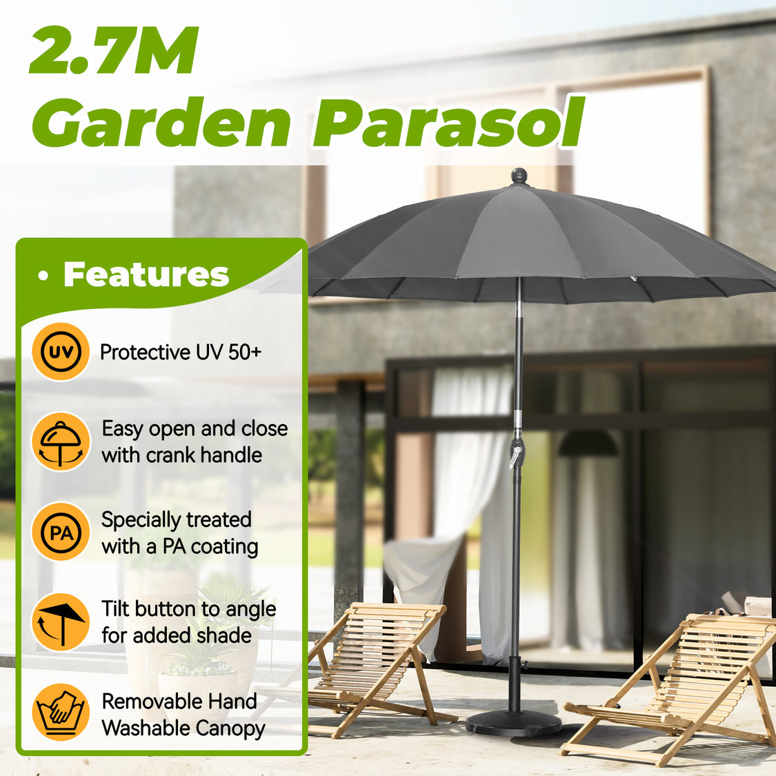 Angel Living Parasol Rond - Ø270cm - Solide - Inclinable - Gris